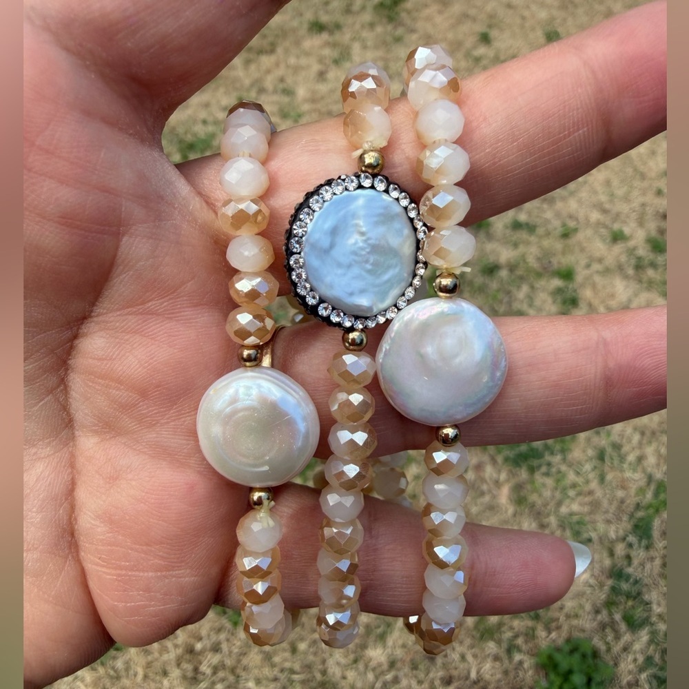 Coin Freshwater Pearl With Gold Beaded Bracelet